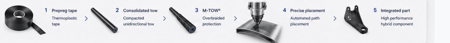 Process: prepreg tape, consolidated tow, M-TOW with overbraided protection, precise automated placement, integrated part