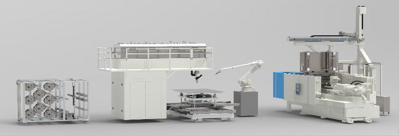 QEE-TECH cell layout: creel, preforming cell, robot transfer and molding station